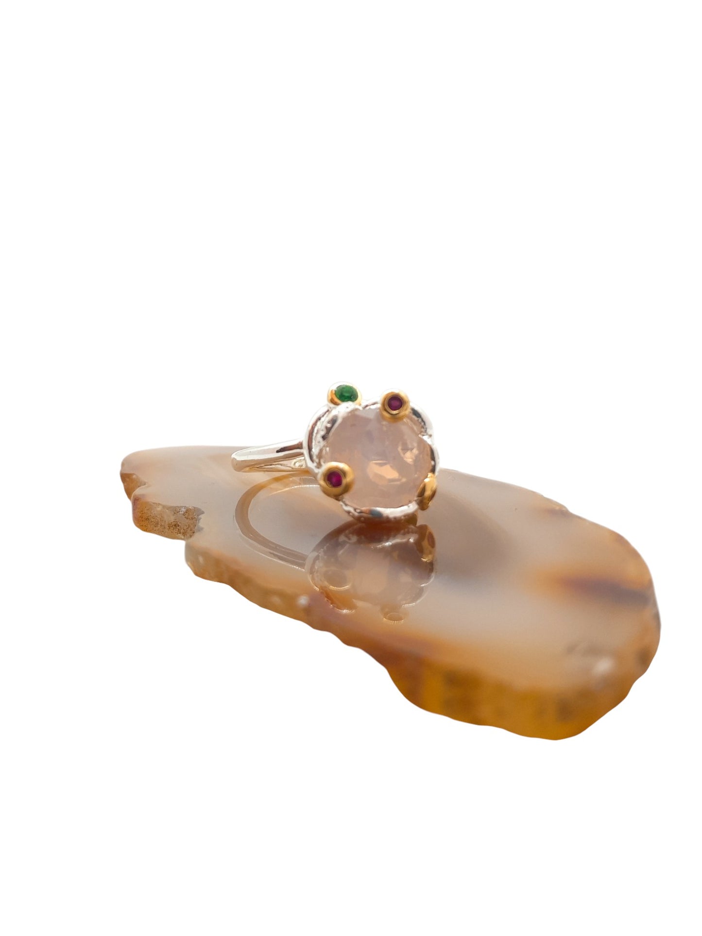 Anillo Cuarzo Rosa y Zirconias