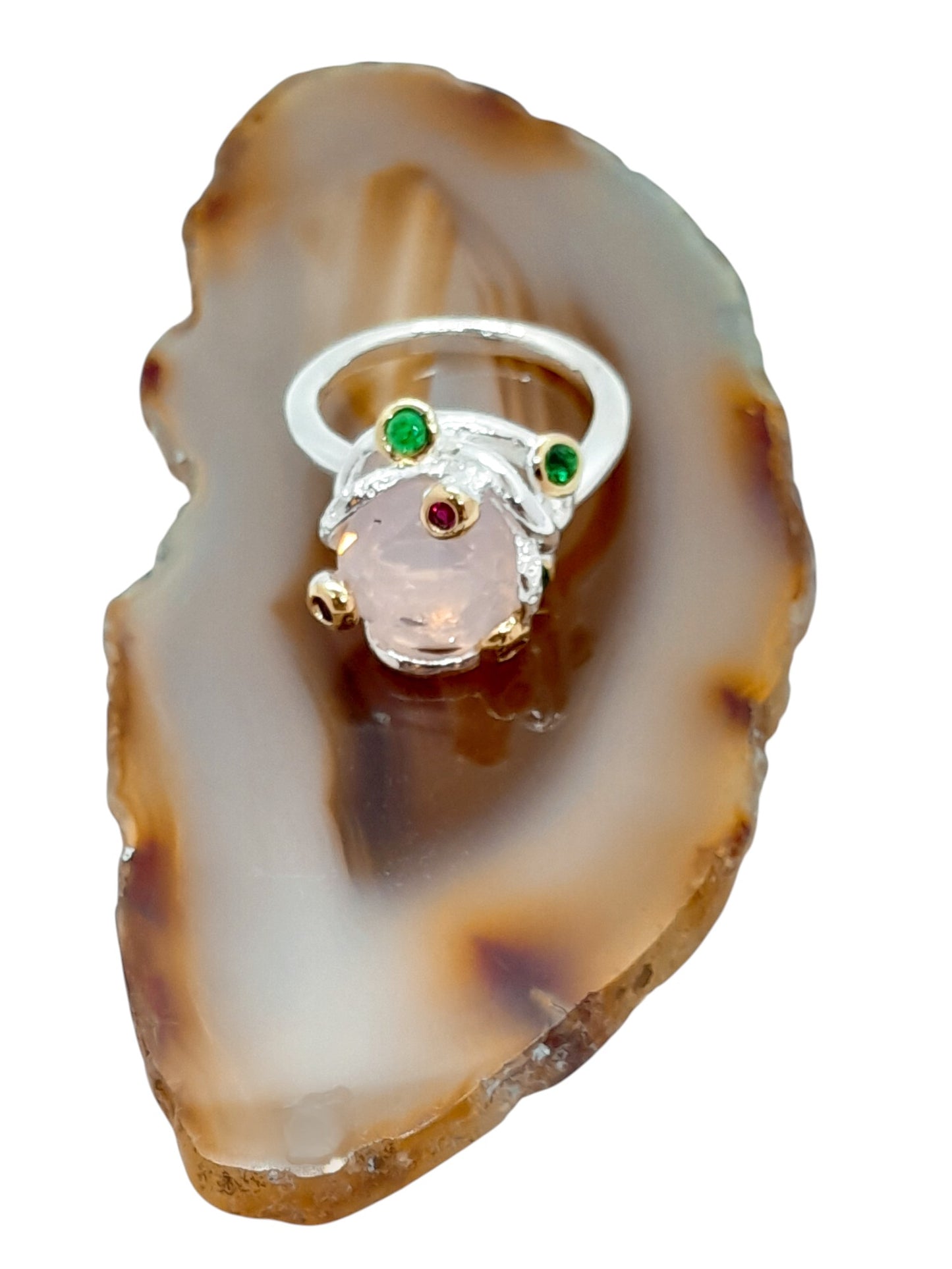 Anillo Cuarzo Rosa y Zirconias