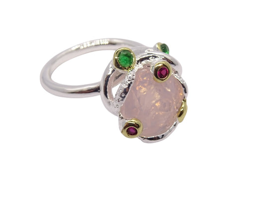 Anillo Cuarzo Rosa y Zirconias